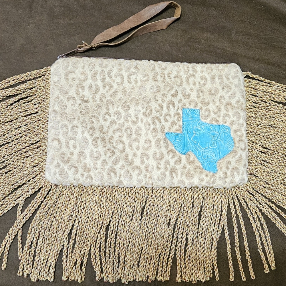 Keep It Gypsy Large Upcycled Tasseled Wristlet or Clutch, Leather and Fabric